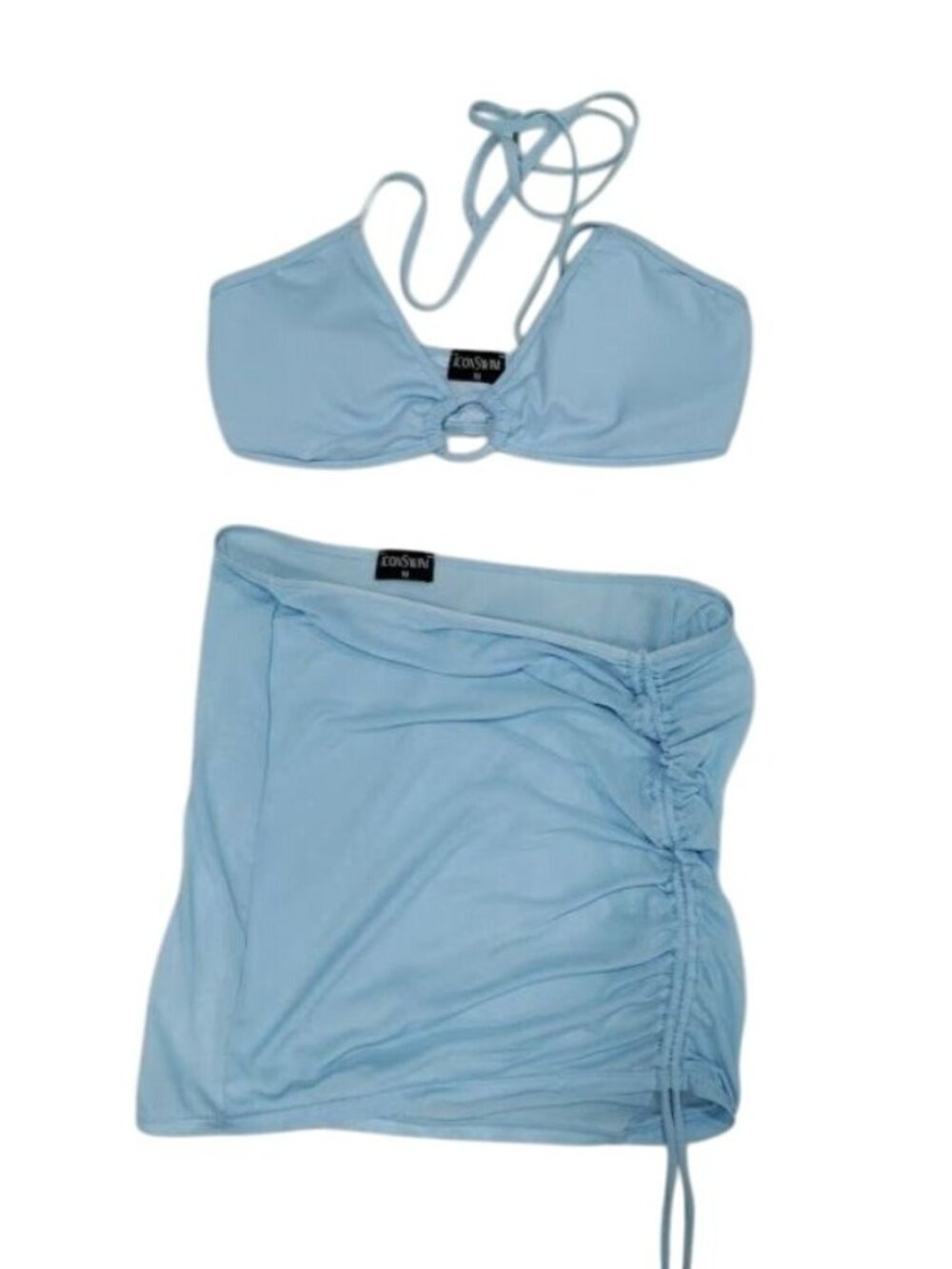 Icon Swim Light Blue Bikini Set With Ruched Cover Up Skirt & Halter Top Size S - Picture 2 of 13